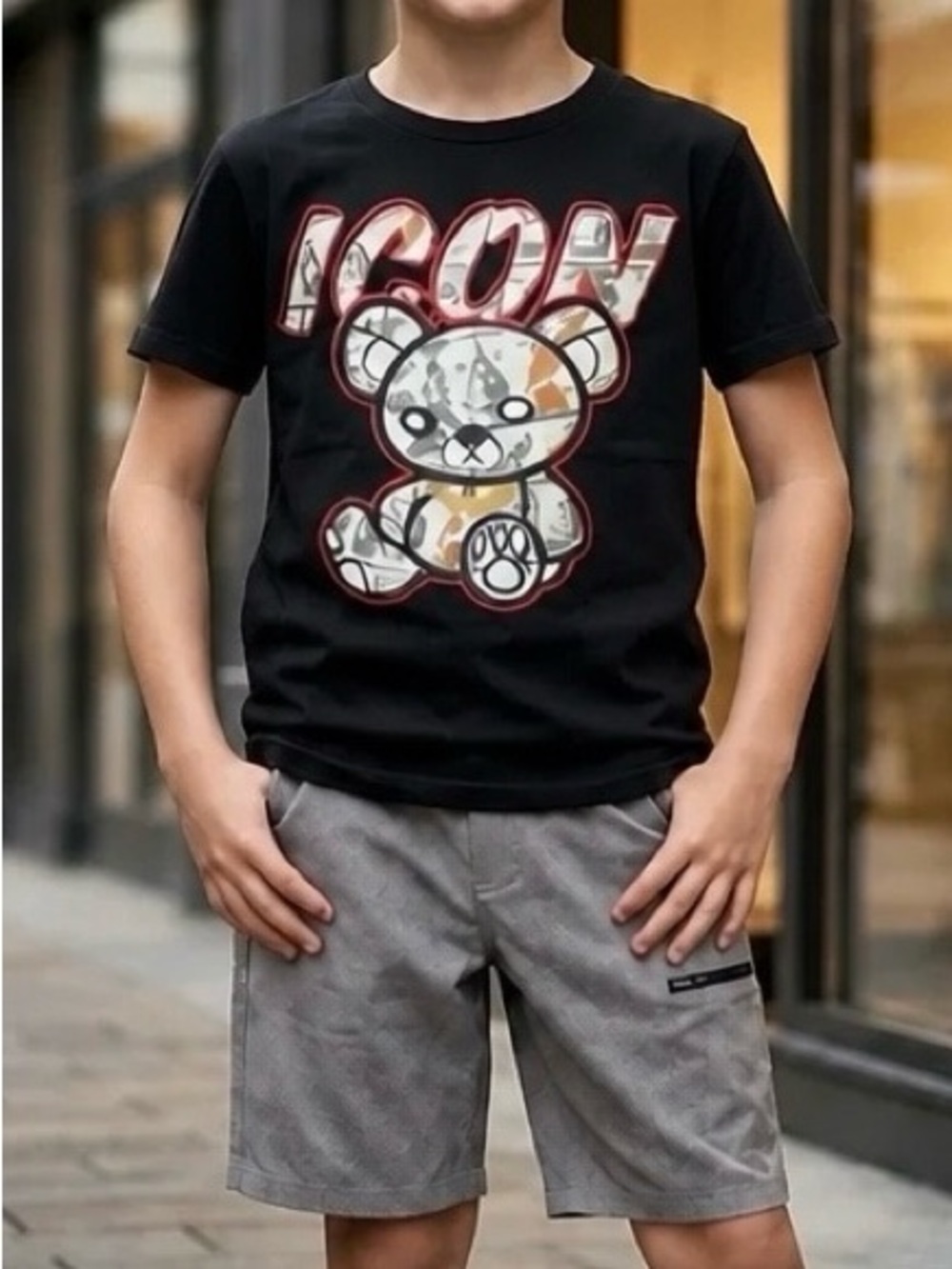 Kids Black Graphic Tee & Gray Shorts Matching Set